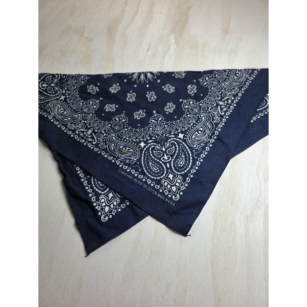 Hav-A-Hank Navy Blue Paisley Rhinestone Bandana Made in USA Cotton Western Boho